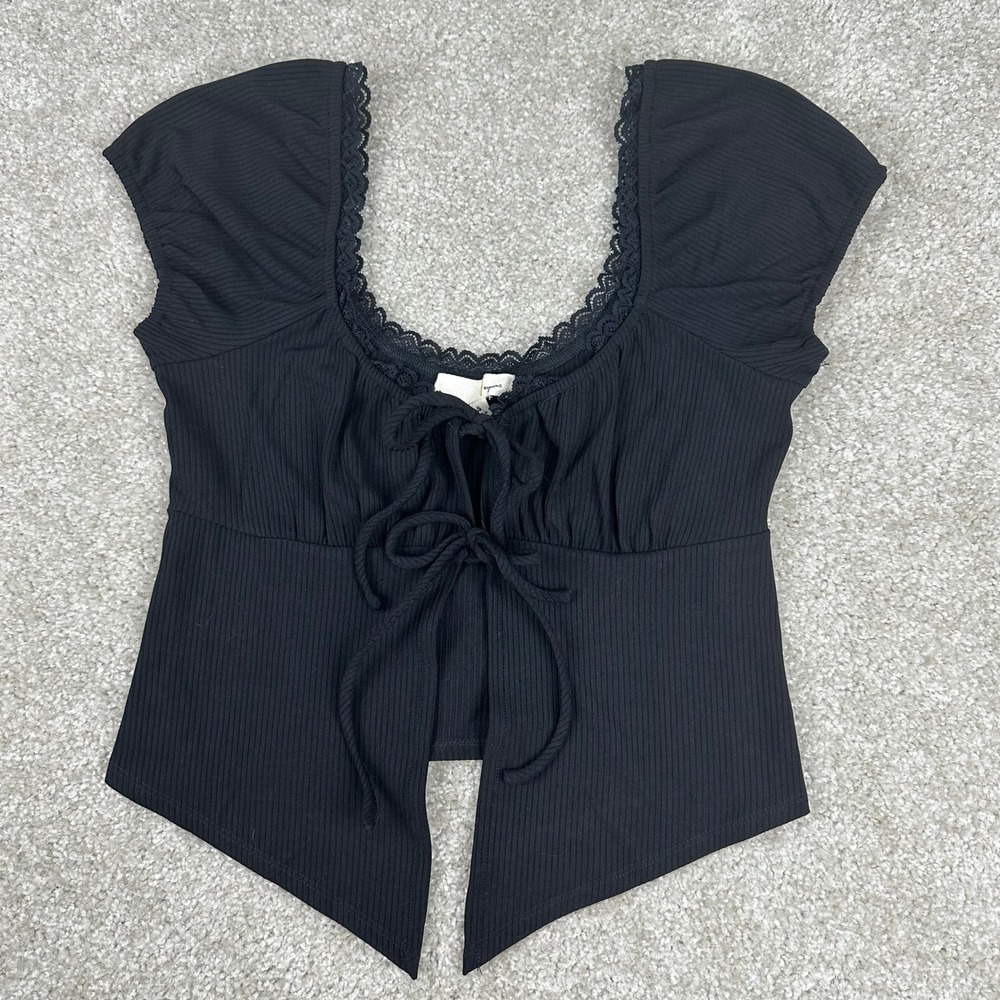 Hesperus Black Ribbed Lace Trim Tie Front Peplum Top Cap Sleeve Small Y2K Top